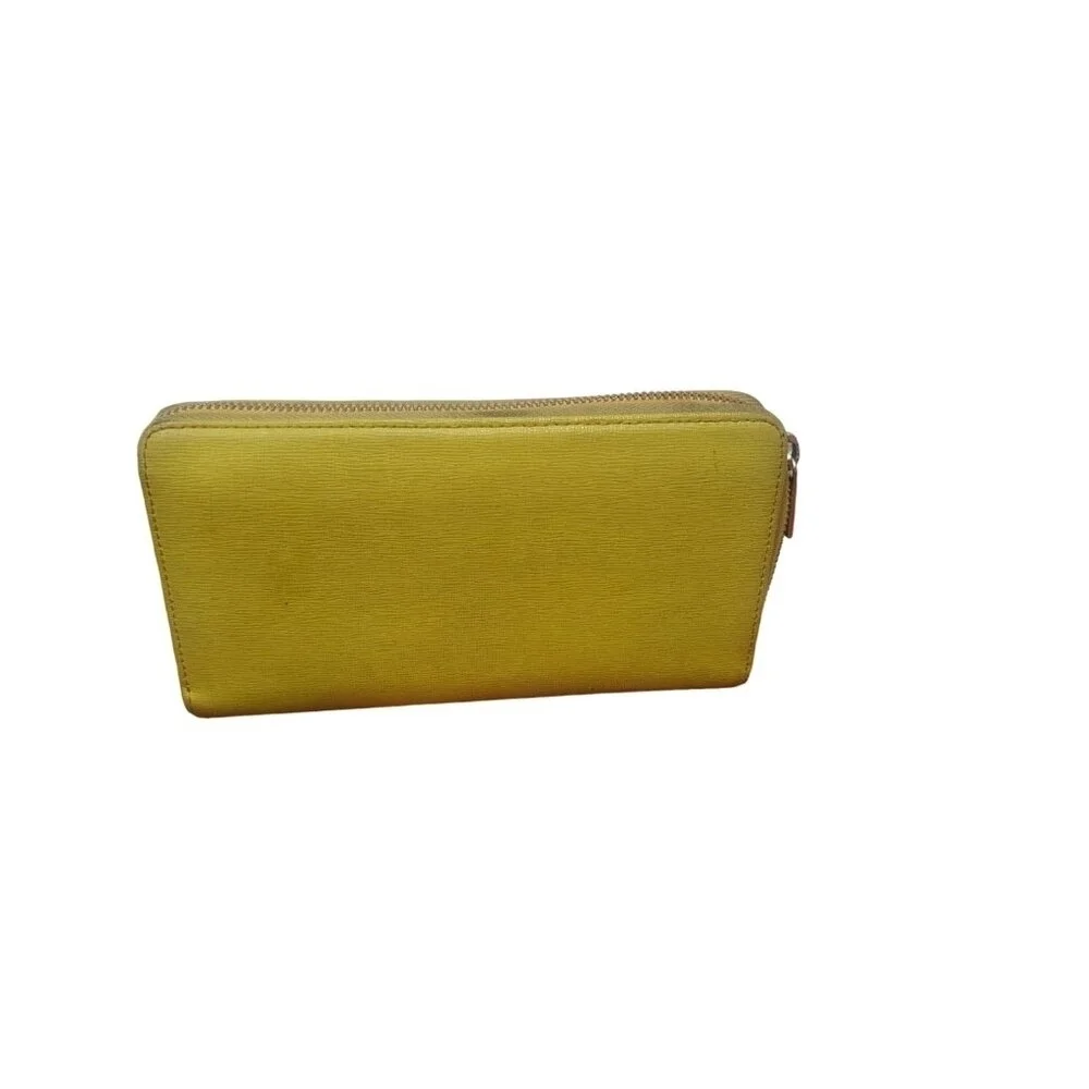 Authentic FURLA Round Zipper Long Wallet Wristie Neon Yellow Pebbled Leather